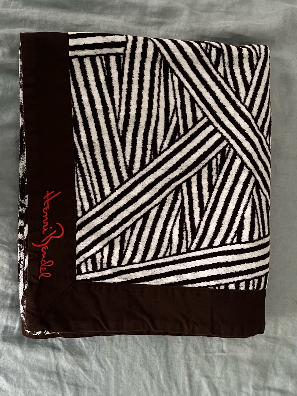 Ultra Luxury Henri bendel Brown Towel with Red Embroidered Signature RARE